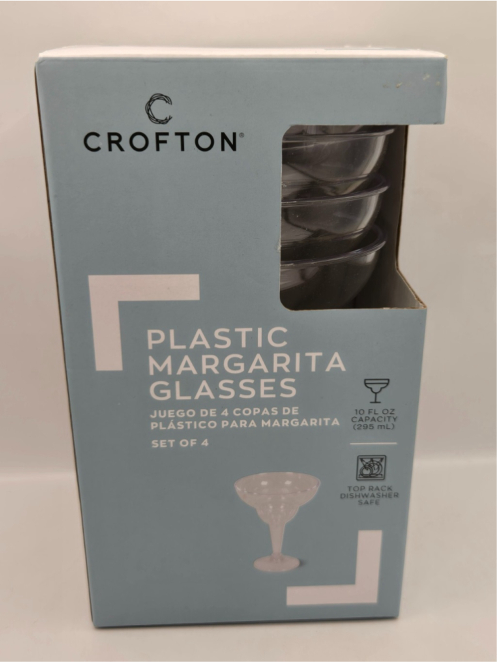 NIB Aldi Crofton Plastic Margarita Glasses 10 oz Set of 4 Clear Shatterproof